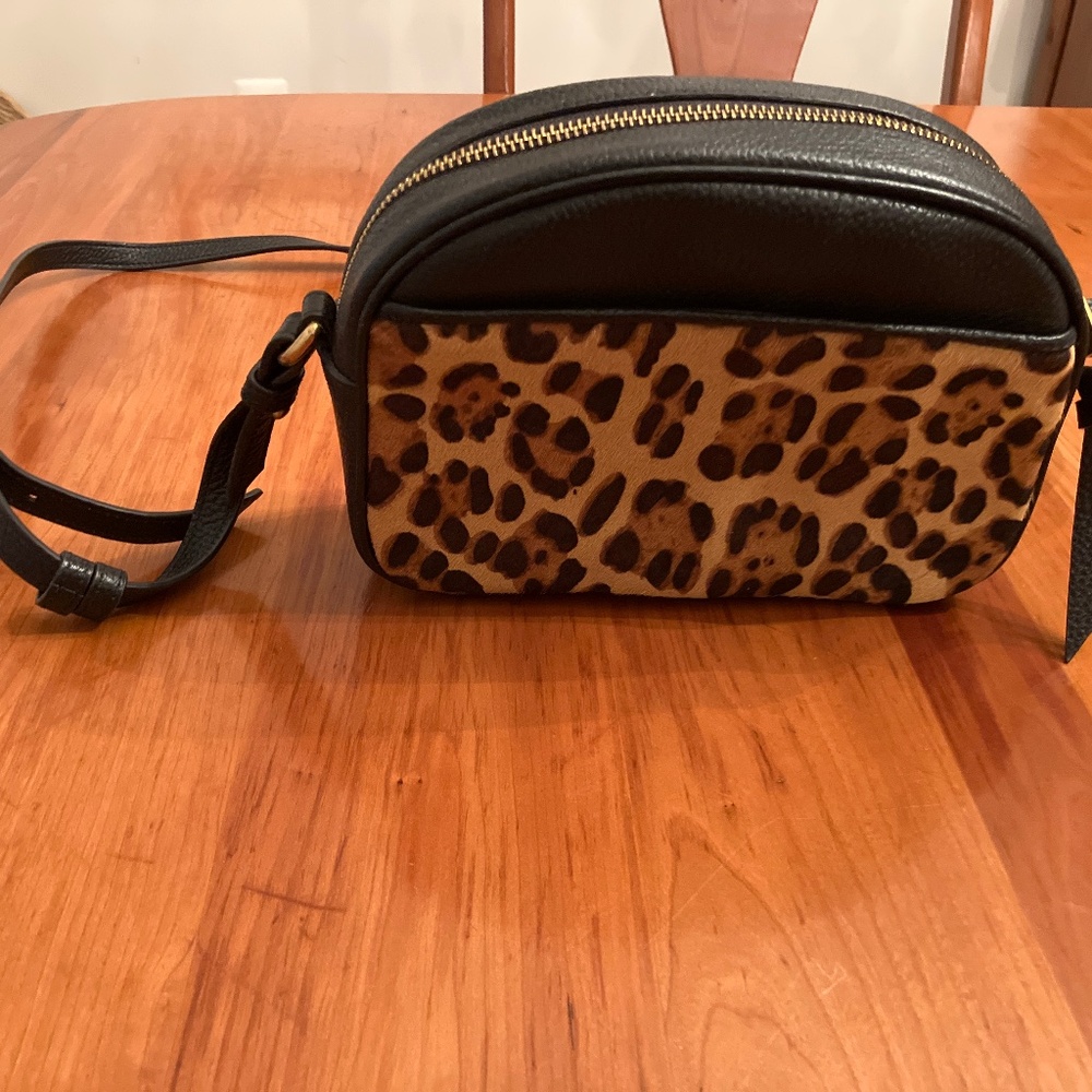 J. Crew Devon camera bag in leather with leopard calf hair